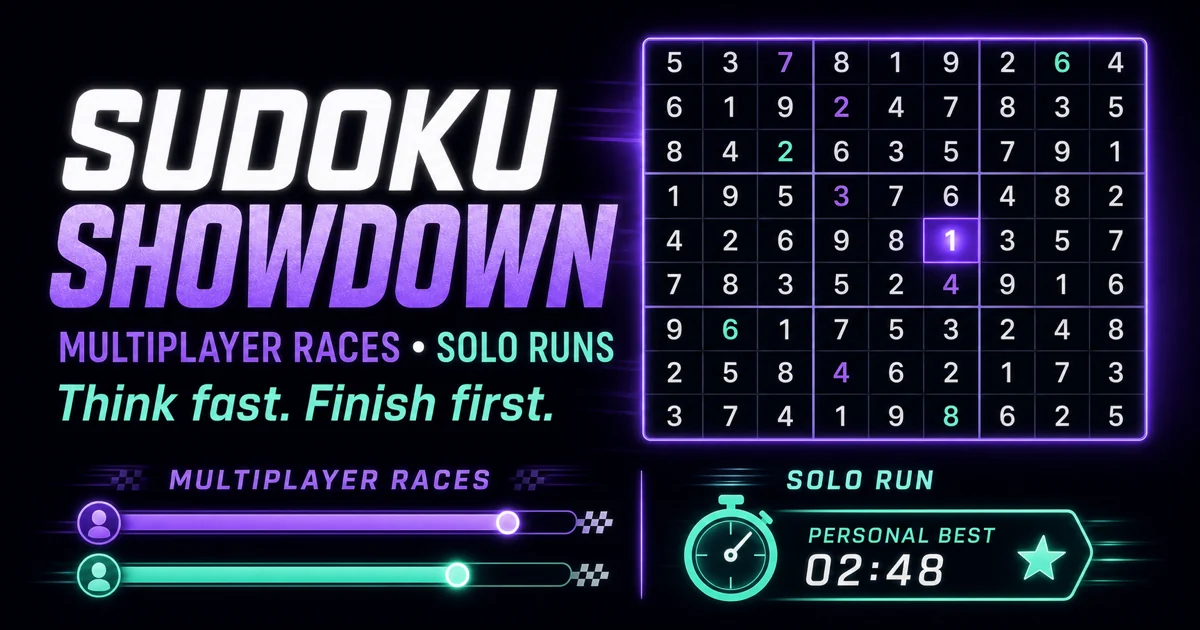 Sudoku Showdown game artwork with a glowing Sudoku board, multiplayer race progress, and solo-run timer.